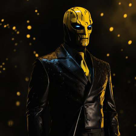 the person in the suit, with striking yellow eyes, is captured in a dramatic lighting effect. the photo showcases a unique blend of comic art, dark yellow and gold tones, seapunk aesthetics, and influences from superheroes, neo-traditionalist art, and mallgoth culture. ai generatedの素材