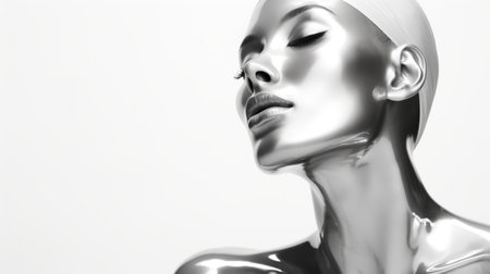futuristic woman in silver 3d concept render, isolated on white. this 3d model showcases a calm and serene beauty, reminiscent of a traditional oil painting. the close-up intensity is enhanced by the golden light and monochrome toning, creating a captivating visual. the solarizing master technique adds a touch of uniqueness, while the urban decay elements add an intriguing contrast. ai generatedの素材