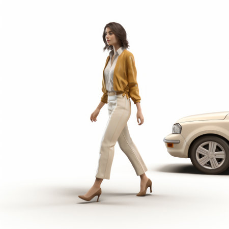 a woman walks alongside a car in a realistic and hyper-detailed rendering. the scene is bathed in light beige and light amber tones, creating an ambient occlusion effect. the image captures the essence of aquirax uno and ferrania p30, with a high gloss finish. the woman's attire reflects a deconstructed tailoring style. ai generatedの素材