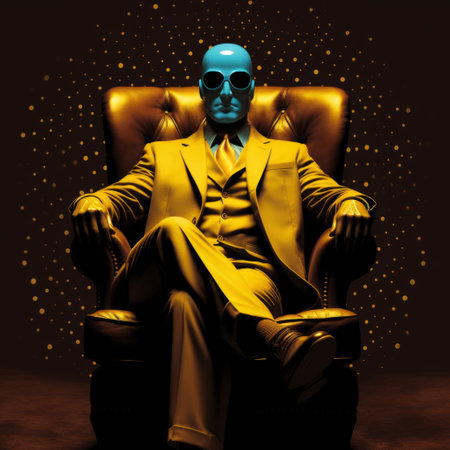 a hooded mask is featured on a blue suit against a vibrant yellow background. this artwork by igor morski combines dark aquamarine and gold tones, reminiscent of the style seen in illuminated interiors. the image showcases chilling creatures in 8k resolution, evoking the artistic influence of mike mignola. ai generatedの素材