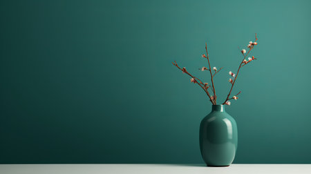 teal vase with white flowers, minimalist style, dark red, light green, maroon, green, red, dark green, light crimson, oriental minimalism, zbrush. ai generatedの素材