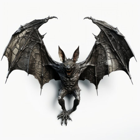 a bat, resembling a fantastical creature, is captured in flight against a white background. the bronze sculpture-like appearance of the bat, created in the style of cryengine, showcases sharp attention to detail. the intense shadows add depth to the image, reminiscent of xbox 360 graphics. this otherworldly manticore-like bat is a stunning representation of mythical creatures. ai generatedの素材