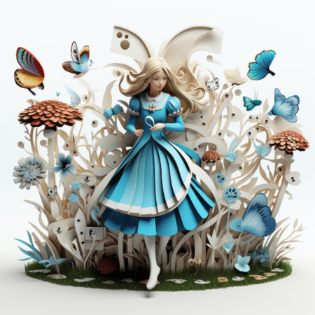 the alice in wonderland sculpture is a stunning 3d printed artwork that captures the essence of the vibrant illustrations found in the beloved story. with its symbolic elements and delicate paper cutouts, this sculpture seamlessly blends realistic and fantastical elements. the color palette of blue and beige adds to its enchanting appeal. this sculpture is reminiscent of editorial illustrations and has rightfully earned its placeの素材