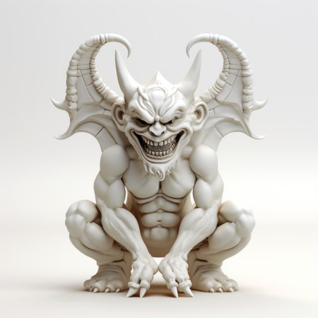 a 3d printed monster with an aggressive digital illustration style. this dark white creature showcases a grotesque appearance and intense emotional expression. the design incorporates religious symbolism, while softbox lighting enhances its features. the monster strikes dignified poses, adding to its captivating presence. ai generatedの素材