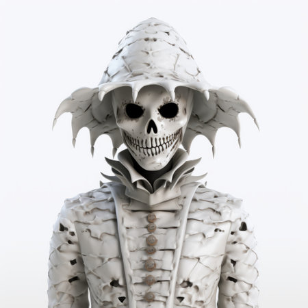 a 3d render of a medieval-inspired skeleton with a hat and black hair, created using intricate layering techniques. the skeleton is made of plastic and has a sharp and angular appearance. the contrasting dark white and light white colors add depth to the installation created by the artist. ai generatedの素材