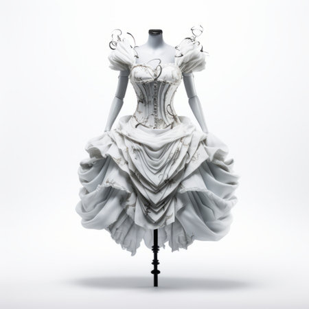 a steampunk-inspired mannequin dressed in white fabric showcases its rococo-inspired design. made of wire, the mannequin's graceful curves are highlighted by ambient occlusion. the lightbox enhances the ceramic-like texture of the piece. ai generatedの素材