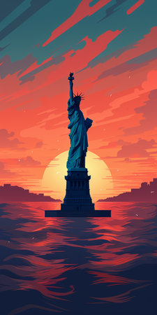 the liberty statue wall art in the ocean is a vibrant and eye-catching piece of dribbble art. inspired by 2d game art, this vintage poster design by john sloane features colorful landscapes and detailed character design. with its light red and black color scheme, this artwork boasts an eye-catching composition that is sure to captivate viewers. ai generatedの素材