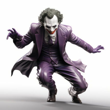 a photorealistic rendering of a purple-clothed joker statue captures intense movement expression. designed by arthur wardle, the statue stands against a white background, highlighting its character design. the xbox 360 graphics add a touch of realism to this mort knstler creation. ai generatedの素材