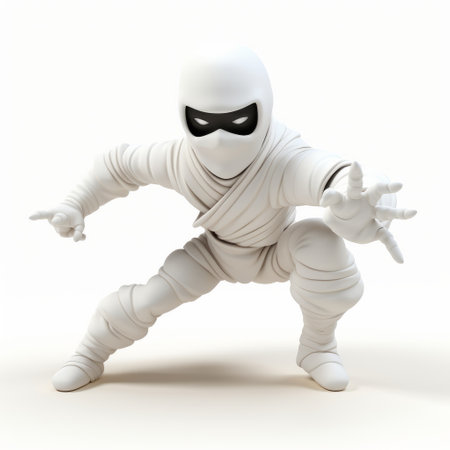 a white 3d cartoon picture of a ninja in a halloween-inspired style. the 3d rendering features monochromatic color schemes, taking inspiration from artists such as edward poynter and john wilhelm. the ninja's pose and expression showcase expressive figuratism, while the overall image has a touch of cobra influence. this unique artwork combines various artistic elements, resulting in a captivating and visually striking piece. ai generatedの素材