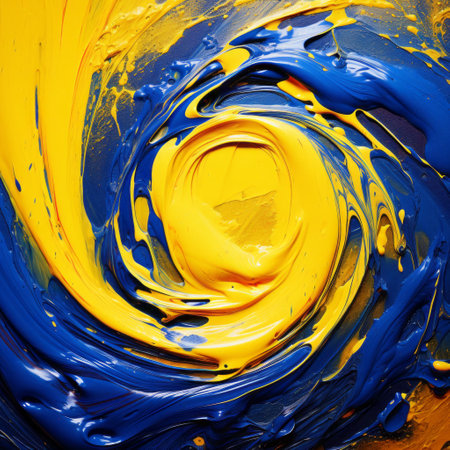 a photo of a vibrant painting with a splash of paint in the center. the artwork showcases a unique combination of dark blue and gold in a spiral pattern. the close-up shot captures the intense and saturated colors, highlighting the hyper-realistic oil technique used. the expressive strokes and cyclorama background add depth to the composition. ai generatedの素材