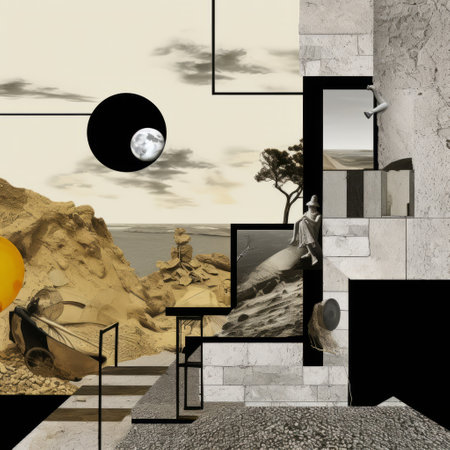 a black and white drawing of mountains and a boat, created in a collage abstraction style. the artwork showcases elements of romantic ruins and installation creation, with a touch of digital enhancement. the use of light bronze and yellow hues adds depth to the composition. the piece incorporates living materials and draws inspiration from bauhaus functional design. ai generatedの素材