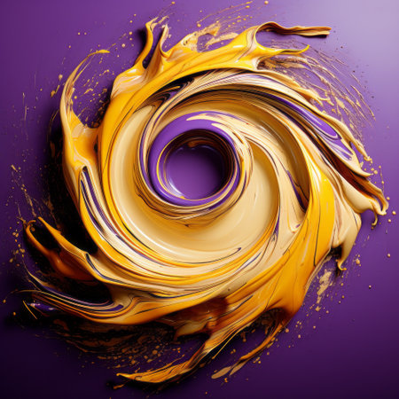 oil and splash artwork by john wilcox, featuring a vibrant purple background. inspired by the style of mike campau, this piece showcases a captivating combination of dark yellow and light gold hues. created using cinema4d, the artwork depicts a mesmerizing spiral group with bold yet graceful elements. the hyper-detailed and realistic rendering adds to the colorful complexity of the composition. ai generatedの素材