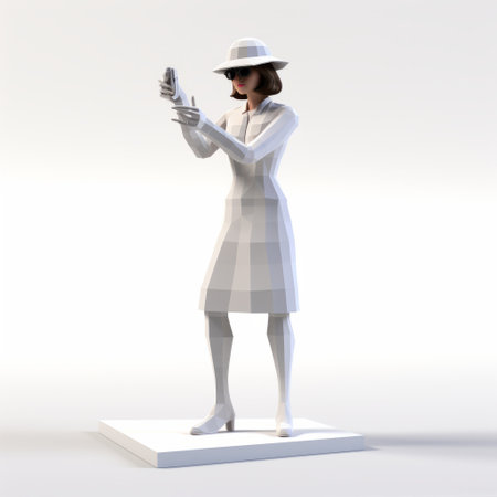 a woman in white, portrayed as a 3d printed model, captures the essence of film noir style. this virtual and augmented reality creation combines elements of painterly realism and pixelated aesthetics. with a touch of romance, it evokes historical events in a unique and captivating manner. the zeiss ikon zm camera perfectly balances the composition, adding a touch of sophistication to this intriguing artwork. aiの素材