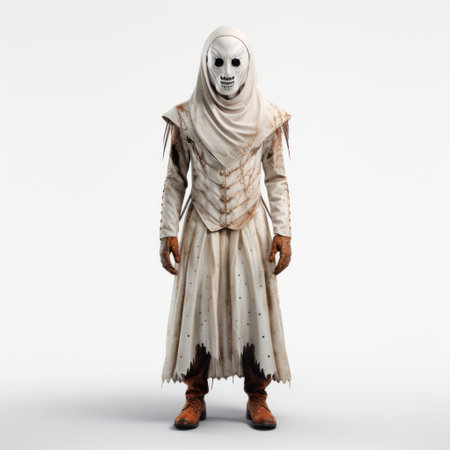 the person in white is dressed in a white outfit and has white hair, resembling a character from frightful folklore. the photo is captured in 8k 3d, showcasing a medieval-inspired setting with elements of firecore and an apocalyptic atmosphere. the image draws inspiration from artists like sliman mansour and barthel bruyn the elder. ai generatedの素材