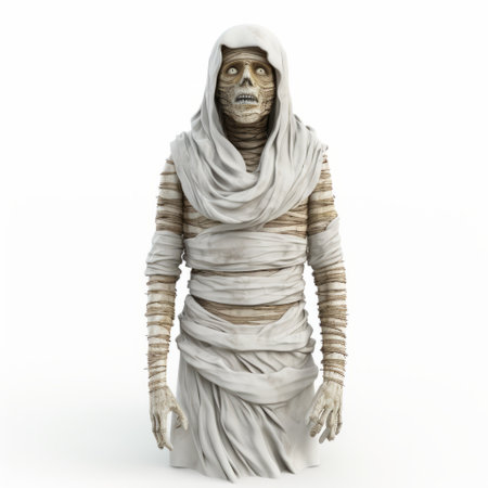 a mummy statue, rendered in a realistic style, is captured in this tabletop photograph. the statue stands against a white background, showcasing its intricate details. with a kimoicore aesthetic, this group material sculpture is wrapped in bandages, evoking a sense of suburban ennui. ai generatedの素材
