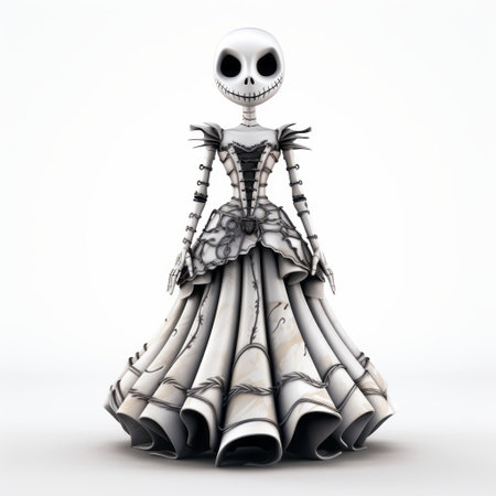 a nightmare before christmas skeleton and rose dress, rendered in cinema4d, showcases detailed character illustrations. the white background enhances the digitally enhanced image, highlighting the exquisite detail. the dress has toy-like proportions and is made of wrought iron, adding to its unique charm. ai generatedの素材