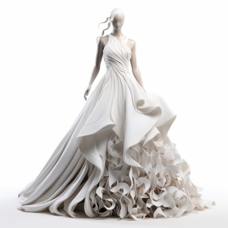 the model showcases a stunning white dress featuring a voluminous skirt, reminiscent of realistic sculptures. the dress is adorned with wavy resin sheets, adding a touch of texture and complexity. influenced by the artistic styles of zbrush, kazuki takamatsu, john singer sargent, and marguerite blasingame, this ensemble exudes a unique and captivating aesthetic. ai generatedの素材