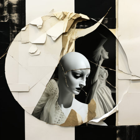a portrait of girls created using white and colored tissue paper, arranged in a circular pattern. this artwork embodies the essence of cubist fragmented reality, with elements reminiscent of ruined materials, black and white photographs, dada-inspired sculptures, mirrors, surrealist anatomy, and the art of kintsugi. ai generatedの素材