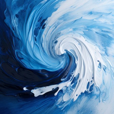 a swirling blue and white wave painting in the style of high-speed sync. this colorful artwork features detailed background elements and is created using fluid acrylics. the dark white and light navy, as well as dark white and light cyan colors, create a mesmerizing effect. the painting has a glossy finish and a smooth surface. ai generatedの素材
