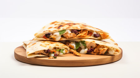 grilled chicken quesadilla with kale and black olives, sliced and placed in a white and maroon handcrafted design, showcases the fusion of mexican and american flavors. the light orange and white colors add a vibrant touch to the dish, while the lightbox enhances its visual appeal. enjoy this delicious and unique culinary creation that brings together the best of both worlds. ai generatedの素材