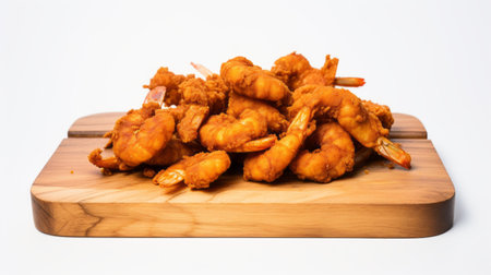 fried shrimp on a wooden board with an abstract background, featuring piles, stacks, and a style reminiscent of artists such as nd stevenson, iber camargo, and chinapunk. the image showcases a gigantic scale and a smooth, tactile richness. ai generatedの素材
