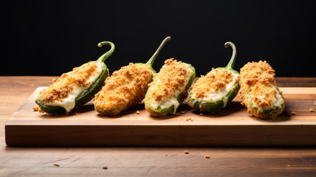 stuffed jalapenos dressed in cream cheese by mary, captured in the style of martin stranka. this high-resolution photograph showcases the rustic materiality of the dish. with influences from justin gerard, the image is crisp, textural, and layered. john higgins's touch adds depth to the composition. ai generatedの素材