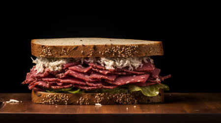 a photo of a new york-style corned beef sandwich, captured by chef frank yagi, showcases the rich history and flavors of this iconic dish. the image is reminiscent of realistic still lifes, with dramatic lighting and a black background. the technique of focus stacking adds depth and detail, while influences from artists like bernardo bellotto and richard serra can be seen in the composition. theの素材