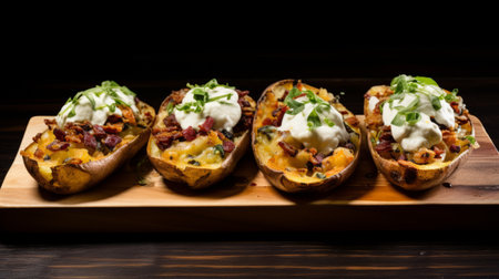 stuffed sweet potatoes with peppers and cheese, captured in a tabletop photography style reminiscent of tom thomson's uhd images. the dark teal and light maroon hues add depth to the composition, reminiscent of charles e. burchfield's lively tavern scenes. this visually stunning image brings together the artistry of multiple renowned photographers, including howard schatz. ai generatedの素材