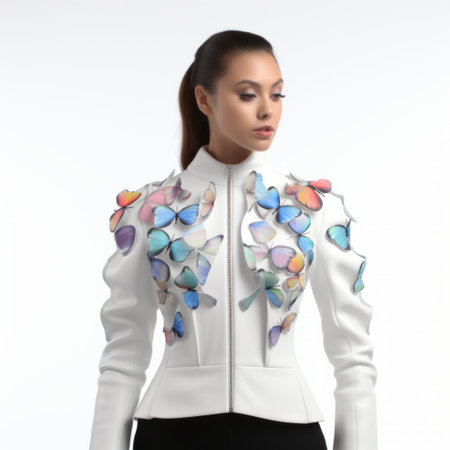blue and white butterfly jacket featuring chromatic sculptural slabs. this jacket showcases realistic and hyper-detailed renderings with a touch of multi-colored minimalism. designed by women designers, it embodies meticulous design and is set against a clean white background. the jacket's gemstone-inspired aesthetic adds a touch of elegance to any outfit. ai generatedの素材