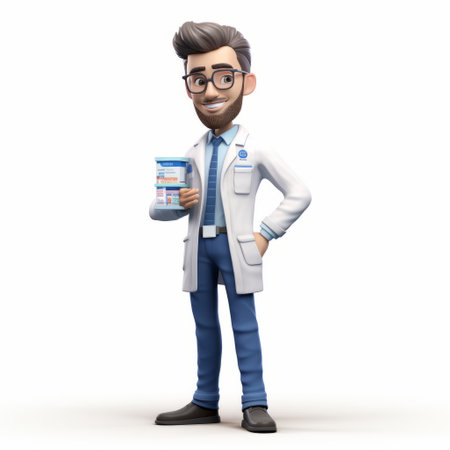 a male 3d character, dressed in a doctor coat, is depicted in the style of juan carreo de miranda. the illustration showcases the doctor holding test tubes, reminiscent of scientific experiments. the artwork is reminiscent of illustrated advertisements and the iconic style of stan lee. the color palette consists of white and blue, with smooth brushwork capturing the doctor's full body. this artwork exudes aの素材