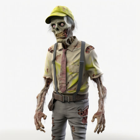 3d zombie man with suspenders, featuring a photographically detailed portrait style. the detailed costumes and naturalist approach bring out the essence of mushroomcore. the frequent use of yellow adds vibrancy, while the subtle shading adds depth to the earthworks. ai generatedの素材