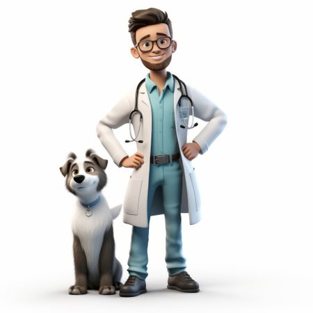 doctor and dog wearing white coats pose for a photo in the style of 8k 3d. the detailed character expressions capture their youthful and masculine energy. the photo, taken with provia, showcases nonrepresentational elements and an optical aesthetic. ai generatedの素材