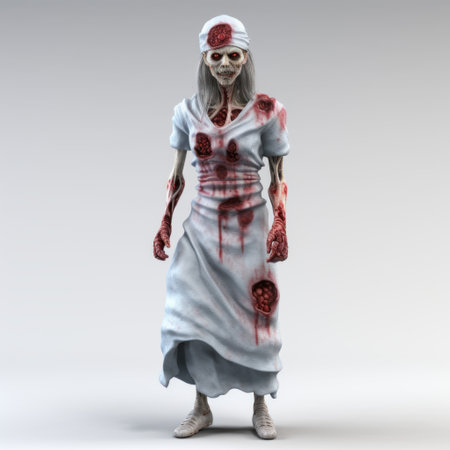 a 3d model of a zombie is depicted in a dark setting, following a medical theme. the image is staged uniformly, featuring a combination of white and red colors. it incorporates religious subjects and falls under the genre of womancore. this high-resolution uhd image is associated with the press photo. ai generatedの素材
