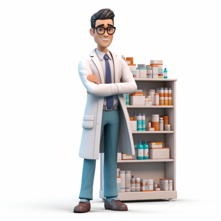 a young male doctor figurine stands next to an empty shelf filled with medicine bottles and cans. this charming character illustration, created in the style of daz3d, captures the essence of a realistic portrayal. inspired by the works of stan lee, shuzo oshimi, jessie arms botke, and other talented artists, this group materializes a unique and captivating scene. ai generatedの素材