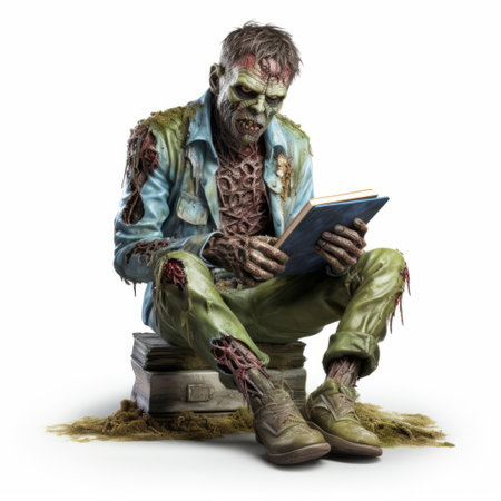 a realistic and hyper-detailed statue of a zombie reading a book. this high-quality photo captures the intricate costumes and chilling essence of the sculpture. inspired by the renowned marine painter mort kunstler, this zombiecore piece showcases the artist's attention to detail and mastery of creating haunting creatures. ai generatedの素材