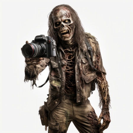 a zombie photographer holding a camera with his raised arm. this portrait-style photograph showcases intricate costumes and the use of a nikon d850 camera. the image has a low resolution but still captures the sharp attention to detail. tami bone's artistic touch is evident in this uhd image. ai generatedの素材