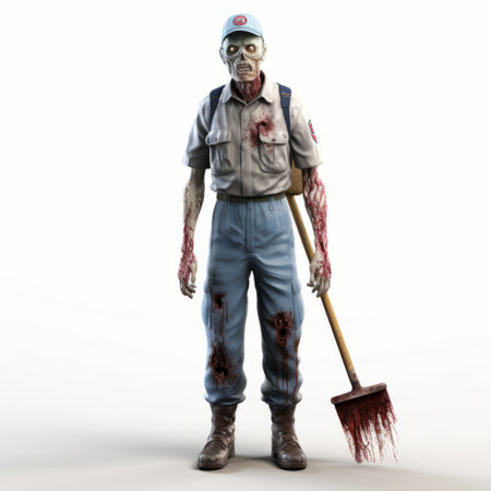 a dead zombie worker in action, portrayed in the style of uniformly staged images, rendered in maya by john bolton. this clean and iconic pop culture reference captures the essence of robert munsch's work, reminiscent of an associated press photo. ai generatedの素材