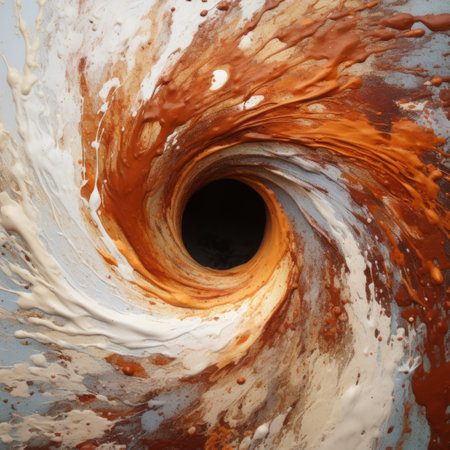 a swirling pile of splatters on a white surface, resembling contemporary metallurgy, showcases a photorealistic eye in brown and azure tones. this colorful moebius, captured in a national geographic photo, exhibits mesmerizing spiral vortex patterns in dark orange and white hues. ai generatedの素材