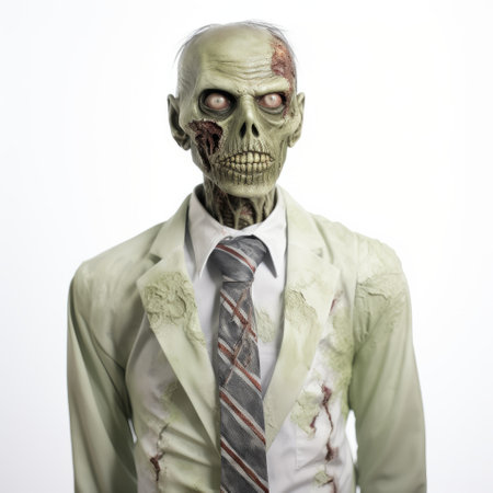 a zombie in a business suit is featured in this stock photograph. the image is captured in a style that combines light green and bronze tones, using photo-realistic techniques. the frontal perspective highlights the suburban ennui. the zombie is made of plastic and is photographed with a zeiss milvus 25mm f14 ze lens. the image also includes skull motifs. ai generatedの素材