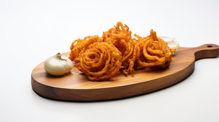 curry cutlet on a white wooden plate, showcasing a unique blend of twisted futurism and realistic sculptures. the dish is presented in a tangled nest-like arrangement, embodying elements of spiral group, chinapunk, kimoicore, and monochromatic elegance. ai generatedの素材