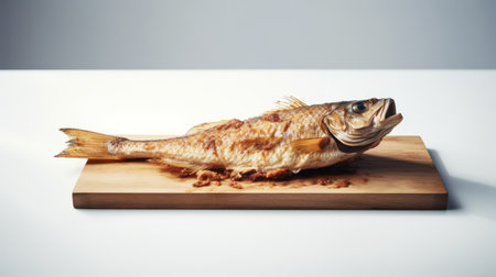 a fish on a board with cooked fries, captured in a realistic and hyper-detailed style by artists elsa bleda and bill durgin. the image showcases wet-on-wet blending techniques and is presented in 32k uhd resolution. with minimal retouching, this composition pays homage to the work of kunio okawara. ai generatedの素材