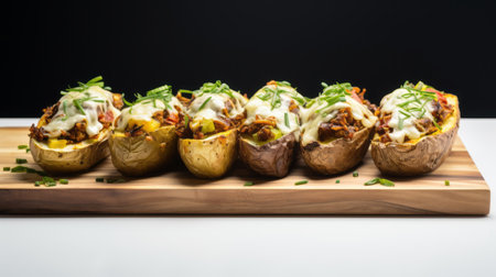 four tex-mex stuffed sweet potatoes are beautifully presented on a rustic wooden board. this high-resolution photo showcases the intricate details of the dish, captured with the help of studio lighting. the fusion of flavors and textures in these potatoes is enhanced by innovative techniques, resulting in a mouthwatering creation. the cheese adds a creamy and indulgent touch, making this dish a bombacore delight. ai generatedの素材