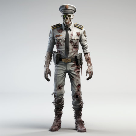 a 3d illustration of a zombie commander model, featuring a soviet-inspired style. the image showcases meticulously staged scenes with a dark and white color palette. the scoutcore theme is evident through the elaborate costumes and clean-lined arrangements, creating an overall sense of orderliness. ai generatedの素材