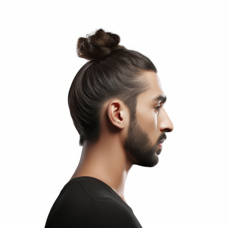 a man with a bun hairstyle sits sideways, showcasing a shaved head against a white background. this image captures the essence of indian pop culture with its symmetrical asymmetry and clear edge definition. the man's hair is a combination of dark brown and dark black, and the photo features minimal retouching. the wavy hair adds a soft mist-like effect to the overall composition. ai generatedの素材