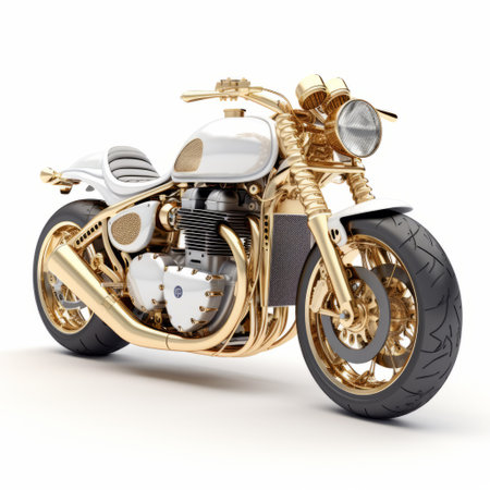 a 3d model of a classic golden triumph rc model motorcycle, featuring a white and gold color scheme. the digital airbrushing adds a gritty elegance to the design, while the extravagant imagination is evident in its bold and angular shape. the metallic etherealism and busy details make this model truly stand out. ai generatedの素材