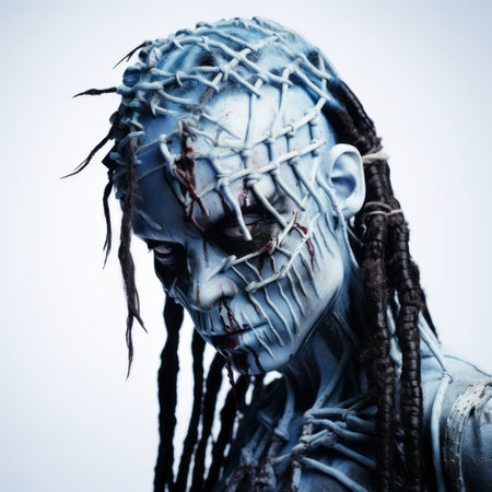 elvira, the iconic horror hostess, is seen in this photo wearing white paint on her face to resemble zombie makeup. the style of the image is reminiscent of conceptual sculptures, with intricate weaving of dark sky-blue and gray tones. the matte finish adds depth to the overall effect. the photo draws inspiration from dogon art and maori art, showcasing intense coloration. ai generatedの素材