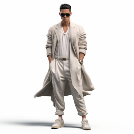 a man wearing a white coat and tan sneakers is captured in this photo. the image showcases a unique blend of daz3d style, celebrity image mashups, and oriental influences. the overall aesthetic is rich and tonal, with a genderless and hip-hop style. the photo stands out with its bold saturation, making it an innovative and eye-catching composition. ai generatedの素材
