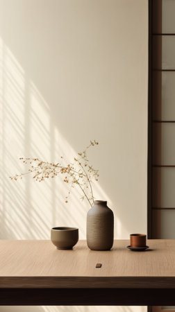 a minimalistic japanese-style door on a hemp table is captured next to a window in this photograph. the black and brown color scheme adds to the minimalist still life composition. the whimsical ambiance is enhanced by the sparse and simple arrangement. the subtle, whimsical folk-inspired elements are highlighted by the interior design photographer. the image showcases a lot of detail in the objects and isの素材
