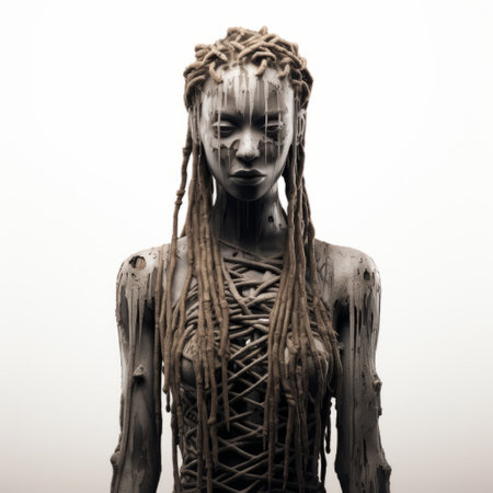 a woman with dreadlocks stands on a white sculpture made of rubber, showcasing intricate costumes in dark beige and bronze. the sculpture, created by patrick mchale and keith carter, is pulled, scraped, and scratched, symbolizing human connections. ai generatedの素材