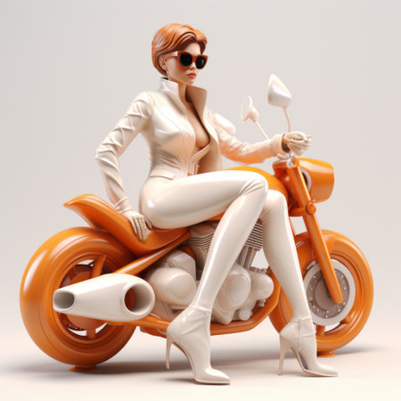 a white woman poses on her motorcycle against a white background, showcasing a futuristic glamour. the style of the image is reminiscent of zbrush, with light orange and beige tones. created by joe jusko, the playful yet sophisticated scene features charming characters made of plastic. ai generatedの素材